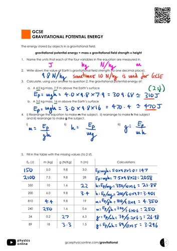 Gravitational Potential Energy Worksheet Teaching Resources 3440