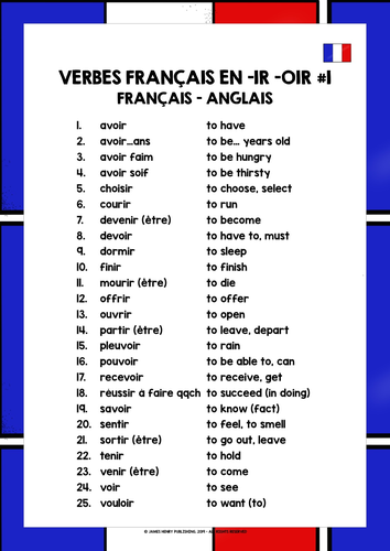 French Ir Oir Verbs List 1 Teaching Resources