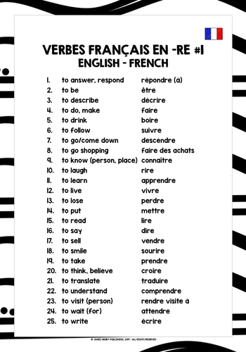 Re Verbs In French Worksheet