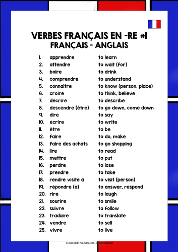 FRENCH -RE VERBS LIST #1 | Teaching Resources