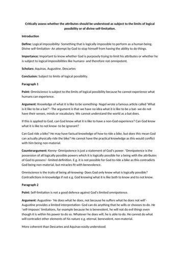 God's Nature ESSAY PLANS- Philosophy & Ethics A Level