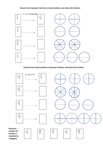 improper fractions mixed numbers worksheet teaching resources