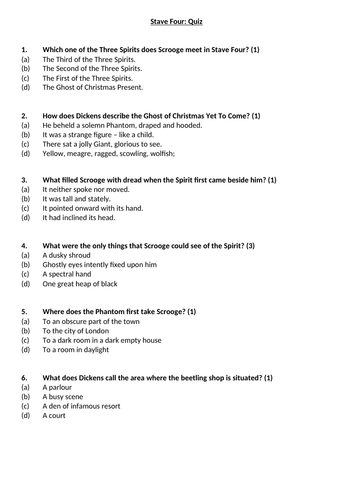 A Christmas Carol Stave 4 Quiz and Answers worksheet | Teaching Resources