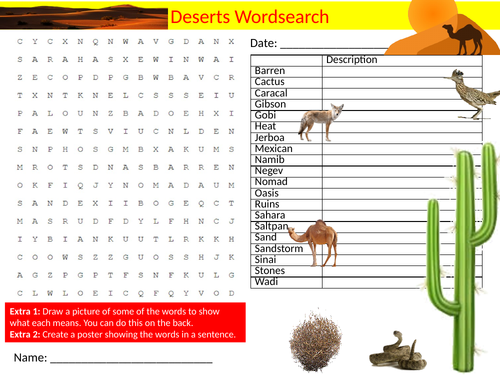 3 x Deserts Wordsearch Sheet Starter Activity Keywords Cover Homework ...