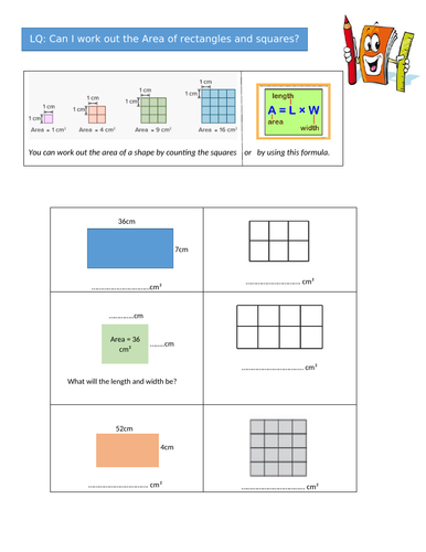 Area of rectangles and squares worksheet (editable and pdf). Counting