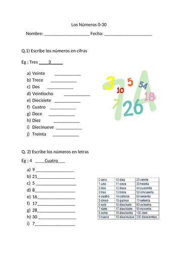 spanish numbers assignment