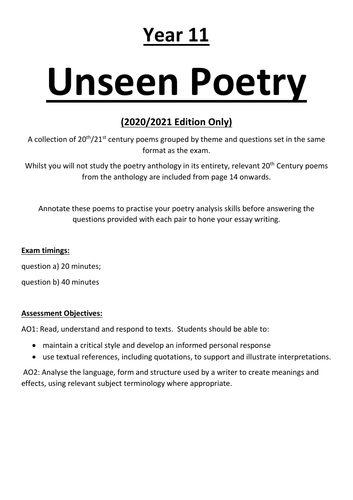 unseen poetry homework booklet