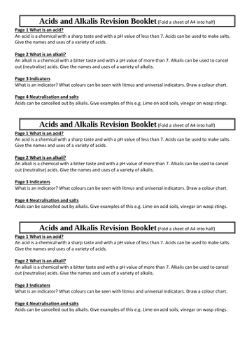 Acids and alkalis booklet 4 pages