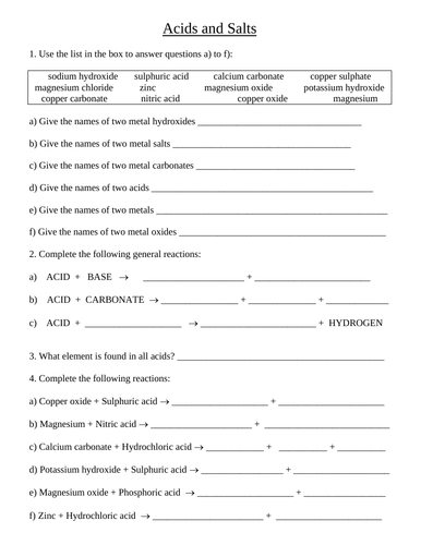 Acids and salts worksheet