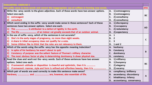 SUFFIXES WORDS ENDING IN ANT ANCE ANCY WORKSHEETS WITH ANSWERS 