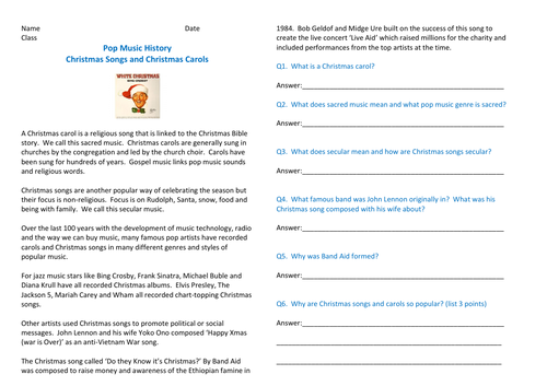 Fun Christmas Pop music worksheet - comparing two singles