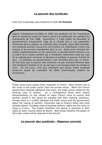 Le pouvoir des syndicats - translation into French