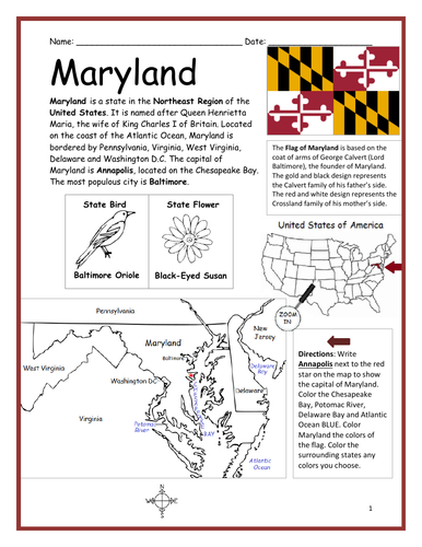 MARYLAND - Introductory Geography Worksheet | Teaching Resources