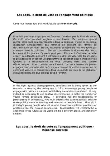 Les ados, le droit de vote et l’engagement politique  - translation into French