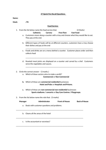 Hospitality and Catering Revision / Recall Questions