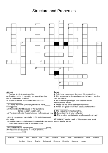 GCSE Chemistry crossword - Structure and Properties | Teaching Resources