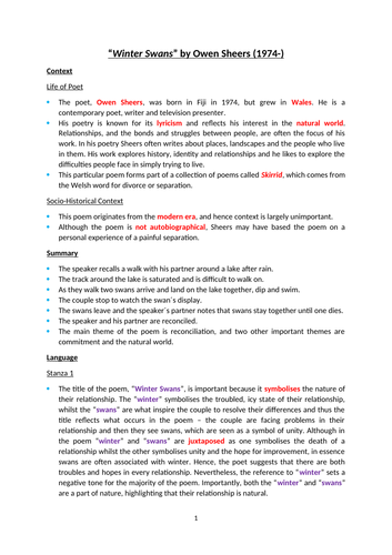 (13) Winter Swans by Owen Sheers - GRADE 9 Poem Notes AQA English ...