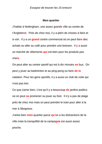 GCSE French Mon quartier text - find the 15 errors | Teaching Resources