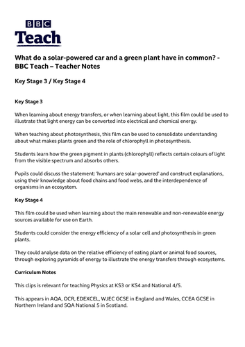 KS3 / KS4 Physics - How are solar power and photosynthesis connected