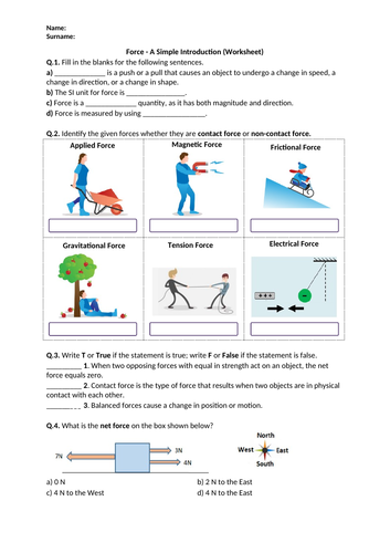 Force (Introduction) - Worksheet | Distance Learning