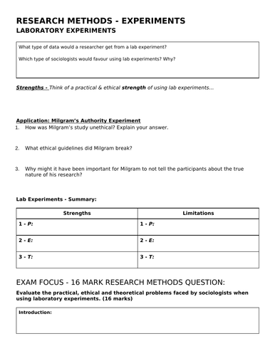 Experiments AQA A level Sociology - Research Methods
