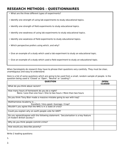 Questionnaires AQA A level Sociology - Research Methods