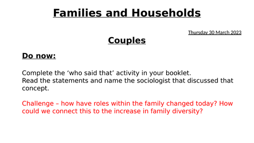 Couples - Family and Households AQA Sociology - UPDATED 2023