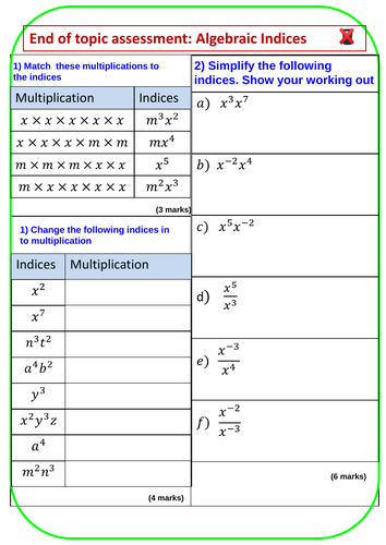 End of Topic Assessment: Algebraic Indices