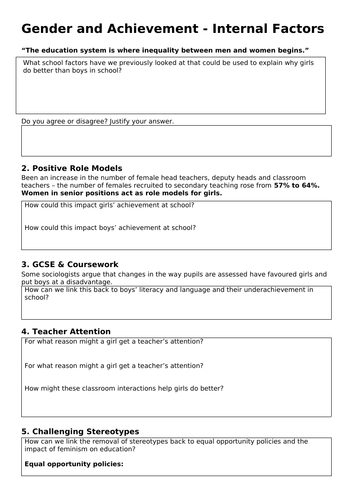 AQA A level Sociology- Education - Gender & achievement (Internal ...