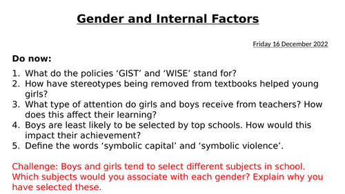 AQA A level Sociology- Education - Gender & achievement (Internal Factors) - UPDATED 2022