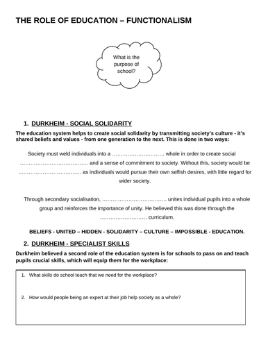 AQA A level Sociology - Functionalism and Education - UPDATED 2022
