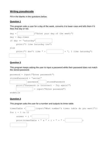 Pseudocode Algorithms Worksheet Fill In The Blanks Ideal Lesson