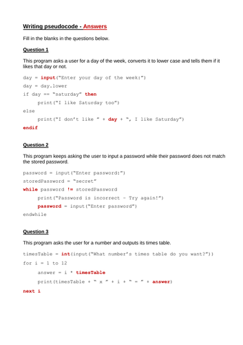 Pseudocode algorithms worksheet - Fill in the blanks - Ideal lesson ...