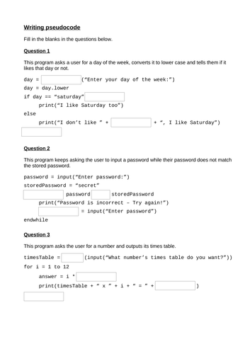 Pseudocode algorithms worksheet - Fill in the blanks - Ideal lesson ...