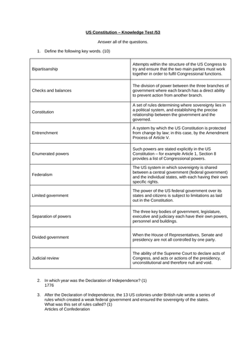 Edexcel - Politics: US Constitution - Knowledge Test and Answers