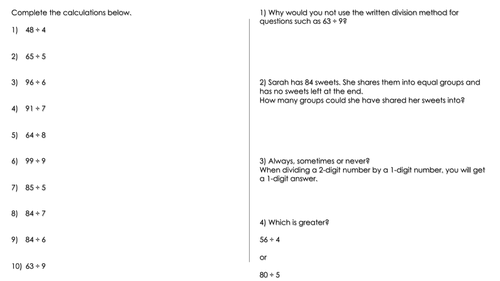 year 5 wrm 2 digit by 1 digit written division no remainders worksheet teaching resources