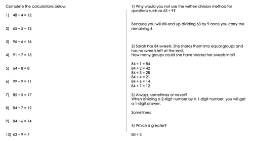 Year 5 WRM - 2-digit by 1-digit Written Division (no remainders) Worksheet