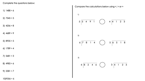 year 5 wrm 4 digit by 1 digit written division worksheet teaching resources