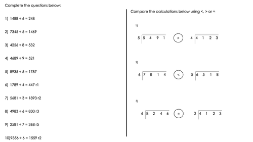 Year 5 WRM - 4-digit by 1-digit Written Division Worksheet