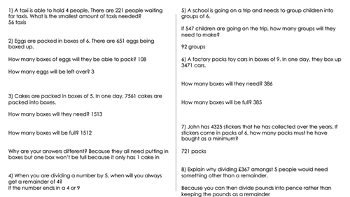 Year 5 WRM - Remainders in Context Worksheet