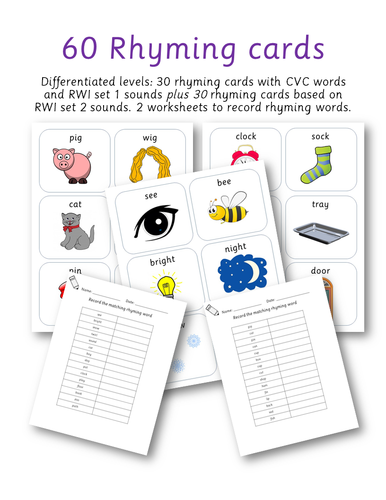 Reception/Year 1/Year 2 Rhyming flashcards - RWI set 1 and 2 sounds ...