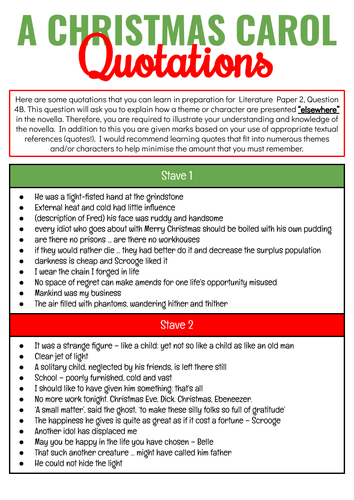 A Christmas Carol Quotation Sheet Stave 15  Teaching Resources