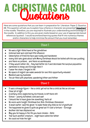 A Christmas Carol Quotation Sheet: Stave 1-5 | Teaching Resources