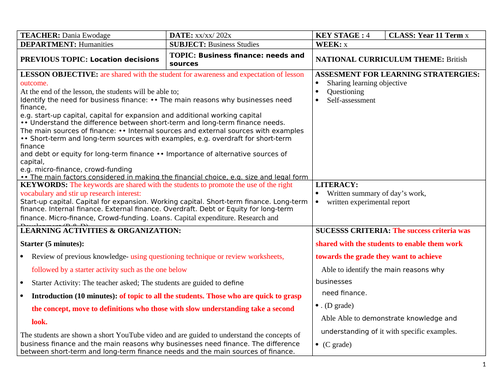 Business finance needs and sources Lesson Plan 'MS word doc.' IGCSE ...