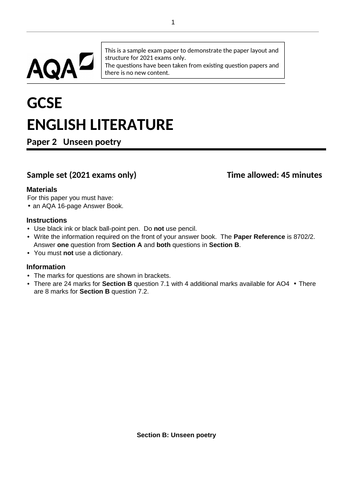 GCSE PAPER 2, SECTION C: UNSEEN POETRY. HOW TO ANSWER QUESTIONS 1 & 2 ...