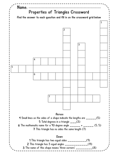 2D Shapes Properties of Triangles Crossword Teaching Resources