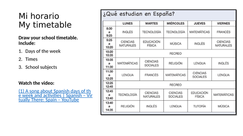 Spanish Year 7 My timetable | Teaching Resources