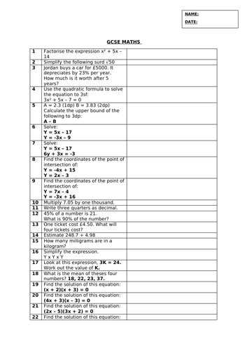 GCSE MATHS QUESTIONS WORKSHEET