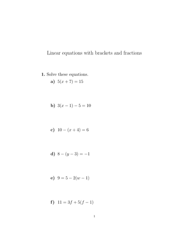 Linear equations with brackets or fractions worksheet (with solutions ...