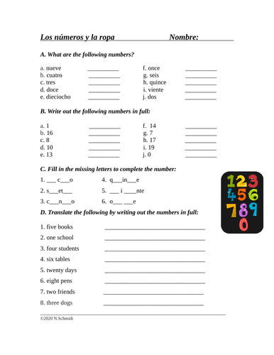 Spanish Numbers Worksheet: Los Números (0-20)